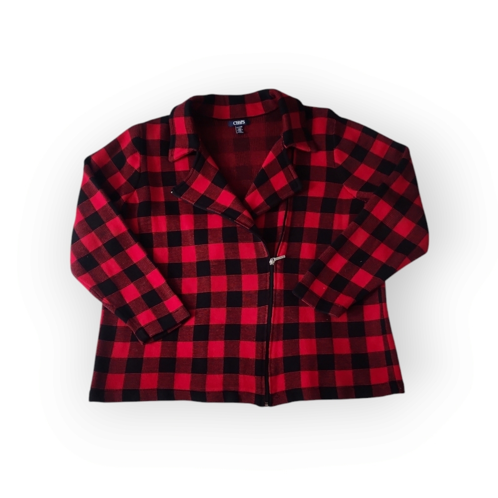 Pre-loved Knit Moto Jacket Sweater, Buffalo Checks, Red and Black by Chaps, 2X